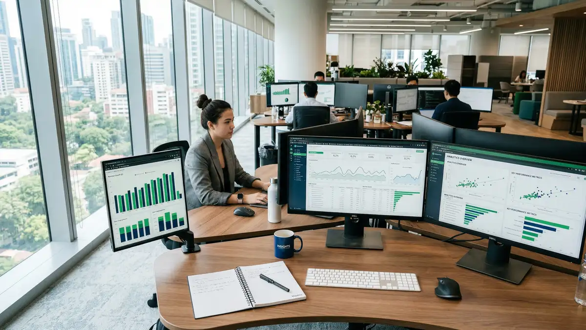 Modern business analytics workspace with multiple monitors displaying real-time KPI dashboards and performance metrics for scaling up execution tracking