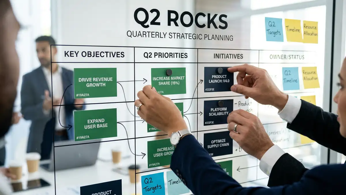 Collaborative quarterly planning session with executives placing priority cards on a structured Rocks planning board for business scaling