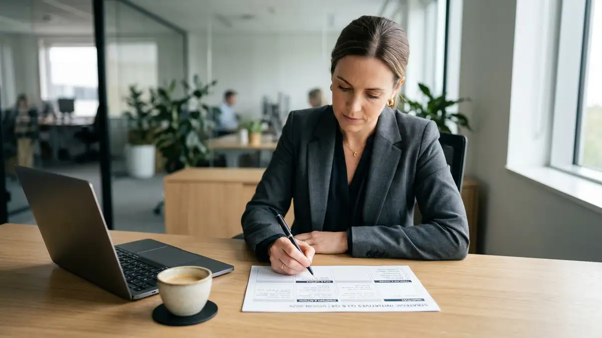 Business executive writing a one-page strategic plan at a minimalist desk representing OPSP implementation