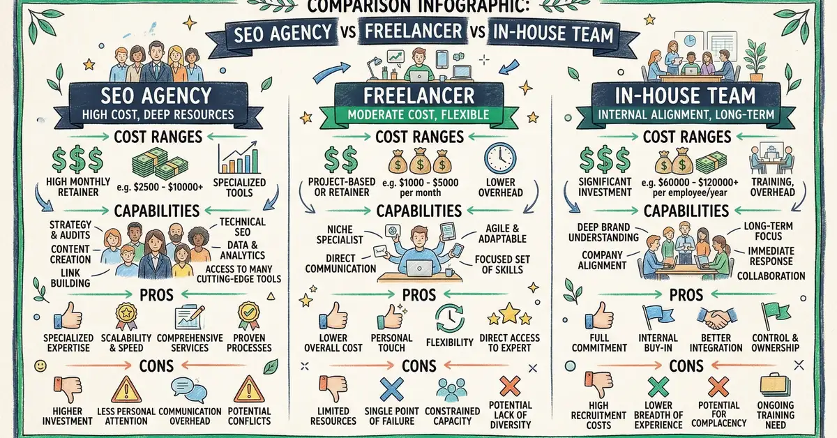 Comparison of SEO agency vs freelancer vs in-house team with costs, capabilities, and pros/cons