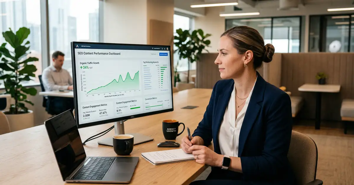 SEO content marketing systems architecture dashboard showing pillar-cluster content strategy with organic growth metrics