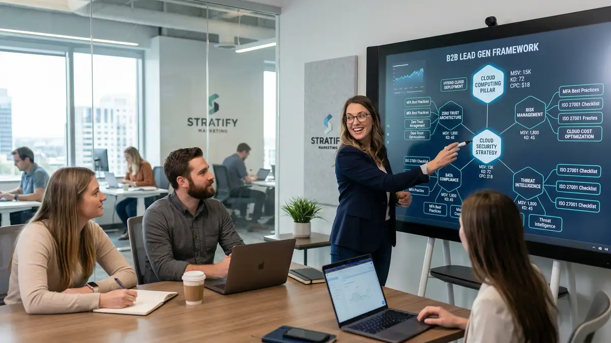 Content strategist mapping pillar-cluster architecture on digital whiteboard with interconnected SEO topic nodes