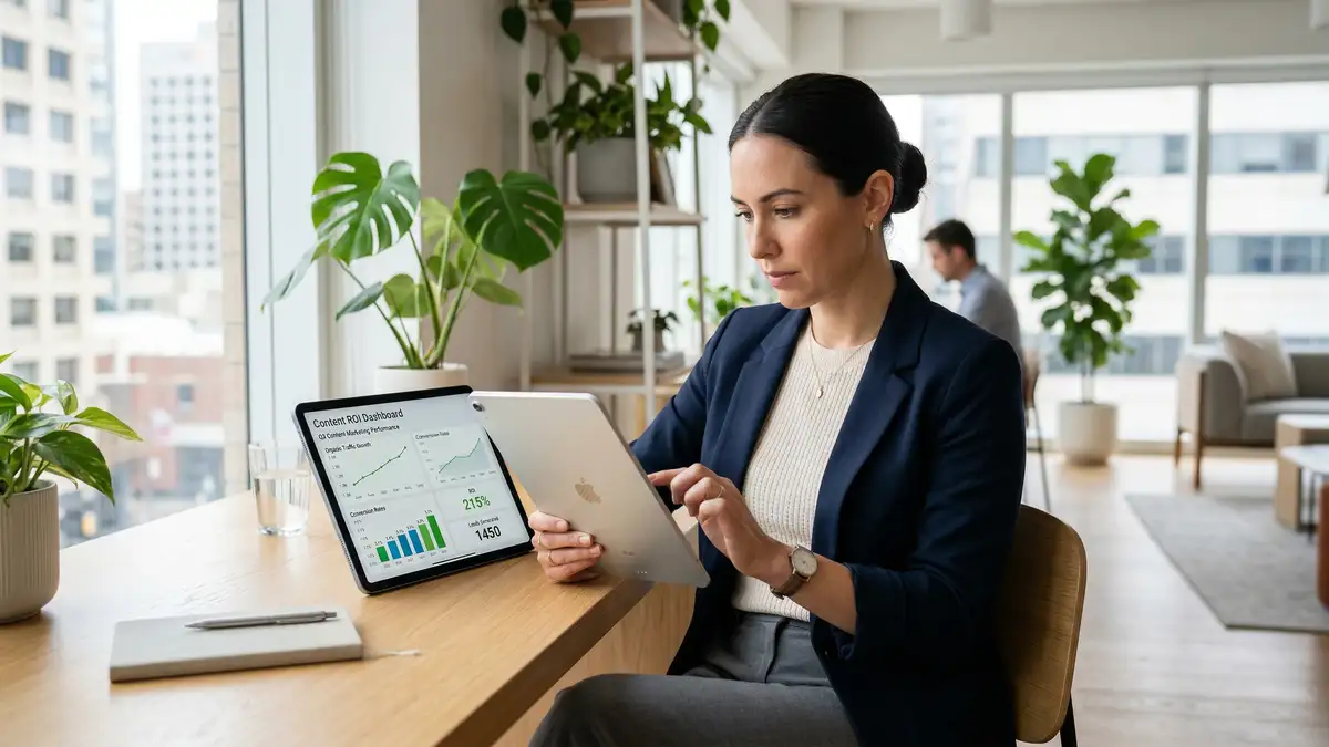 Business analyst reviewing SEO content marketing ROI dashboard with compound growth metrics and revenue attribution data