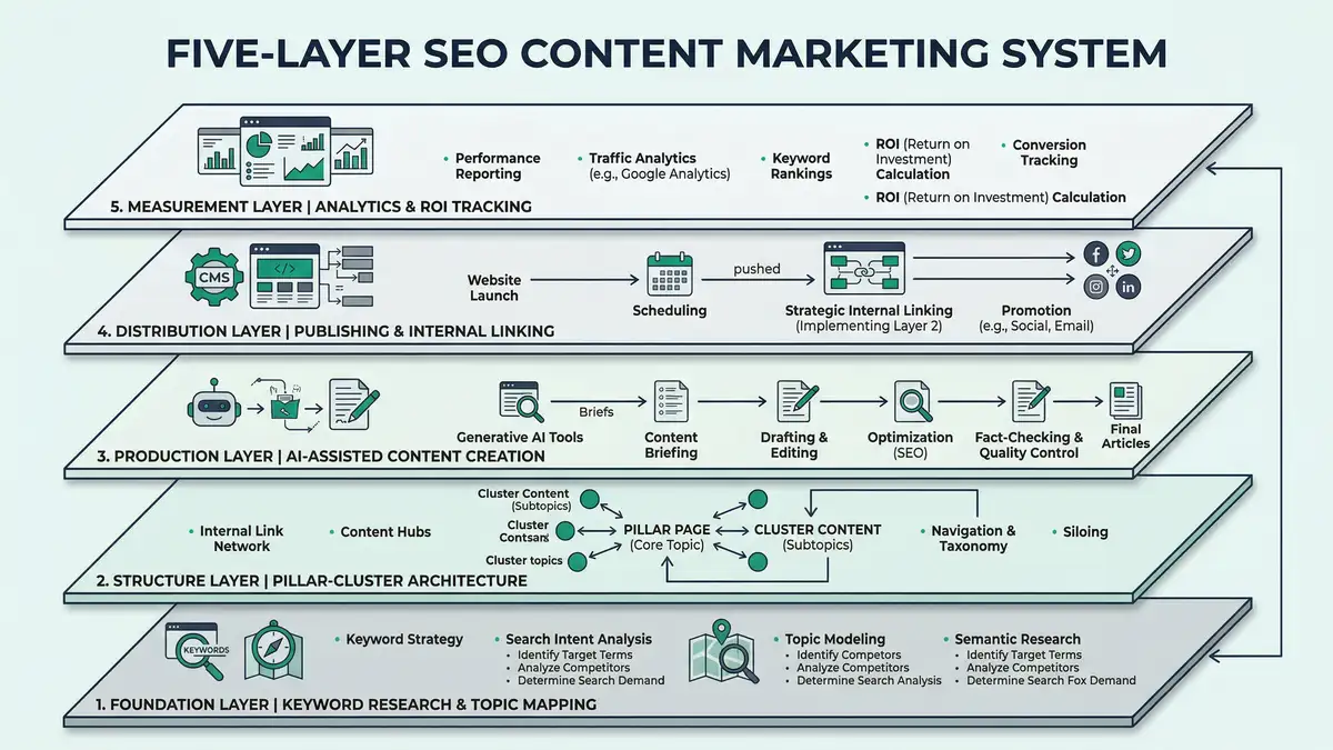 Architectural infographic showing five-layer SEO content marketing system from keyword foundation to ROI measurement