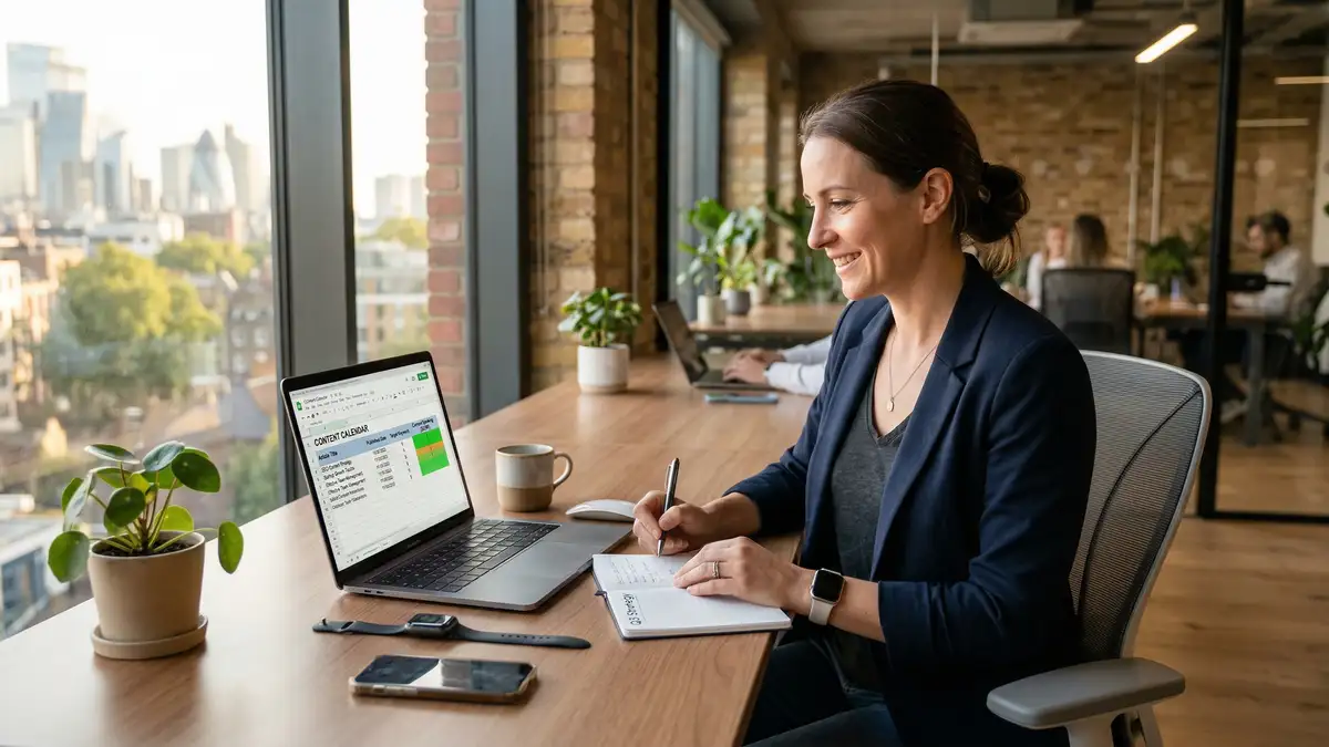 Digital marketing strategist planning SEO content architecture with pillar-cluster topic map on screen