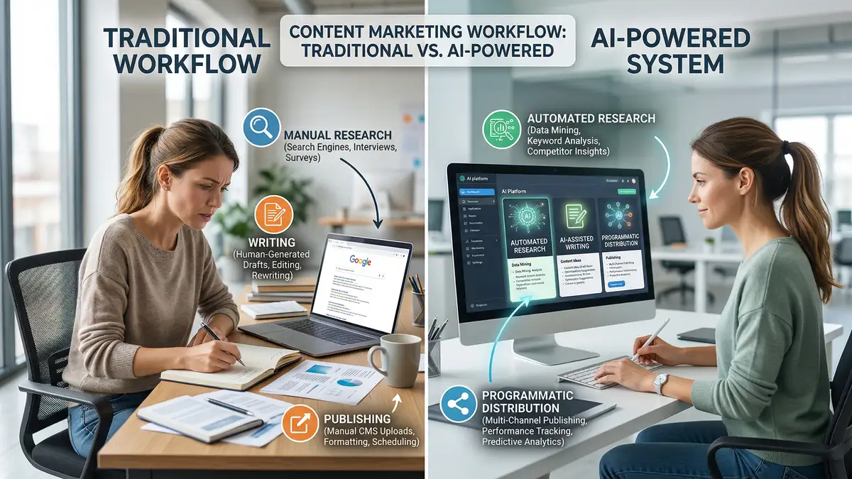 Split-screen comparison of traditional content marketing workflow versus AI-powered content production system