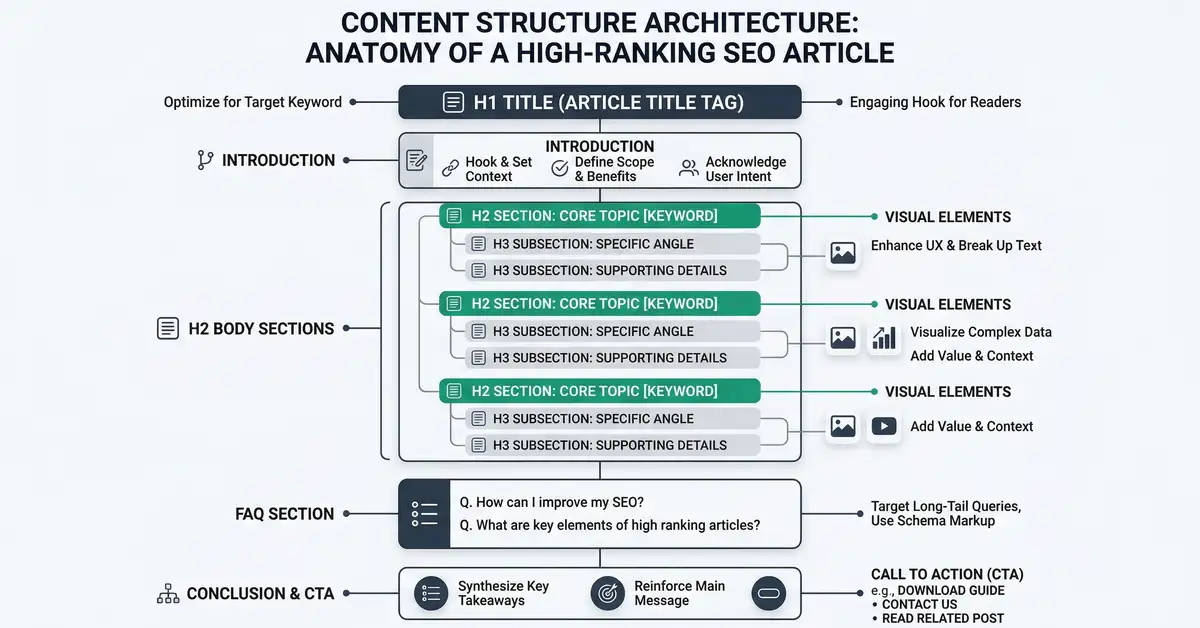 Content structure architecture diagram showing anatomy of a high-ranking SEO article