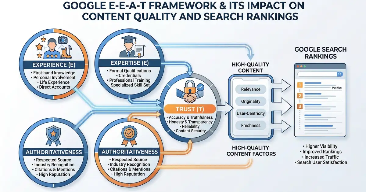 Diagram illustrating Google E-E-A-T framework pillars for SEO copywriting quality