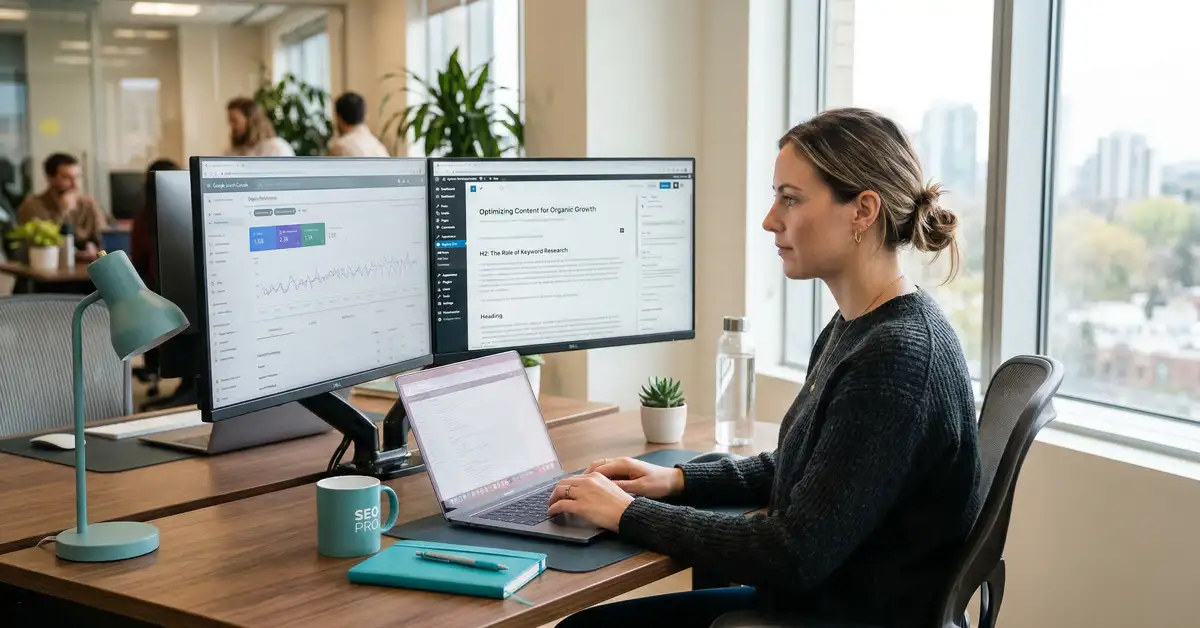 Professional marketer writing SEO content at modern desk with dual monitors showing search analytics and content management system