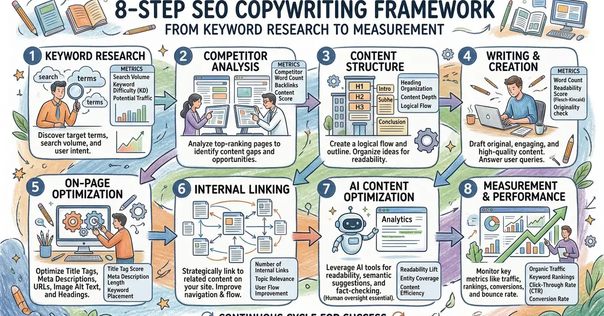 Infographic showing 8-step SEO copywriting framework with icons and performance metrics