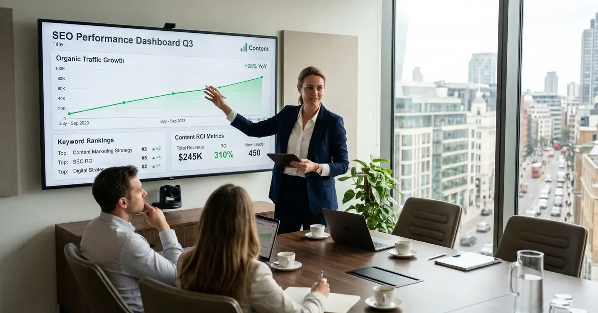Executive reviewing SEO content performance dashboard showing organic traffic and ROI metrics