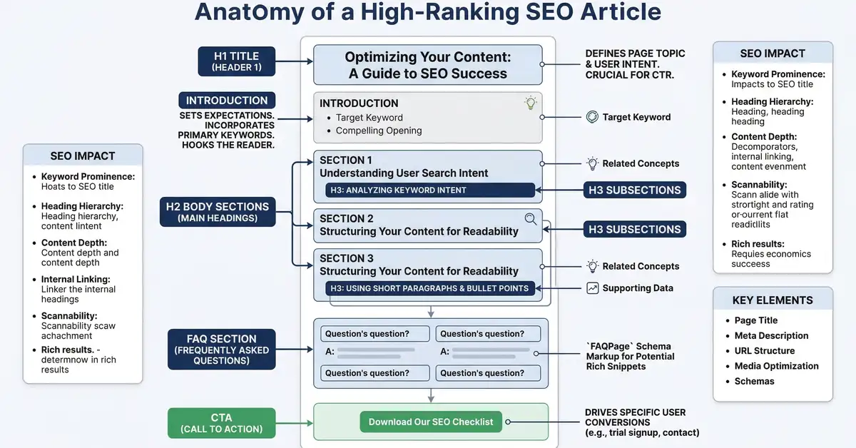 Technical diagram showing optimal SEO copywriting article structure with sections and hierarchy