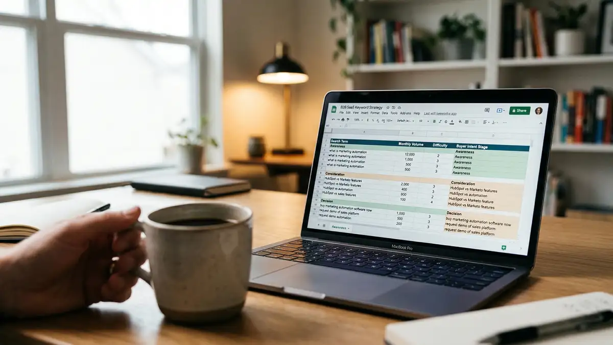 B2B executive reviewing SEO analytics dashboard showing keyword intent data and conversion metrics for business search optimization