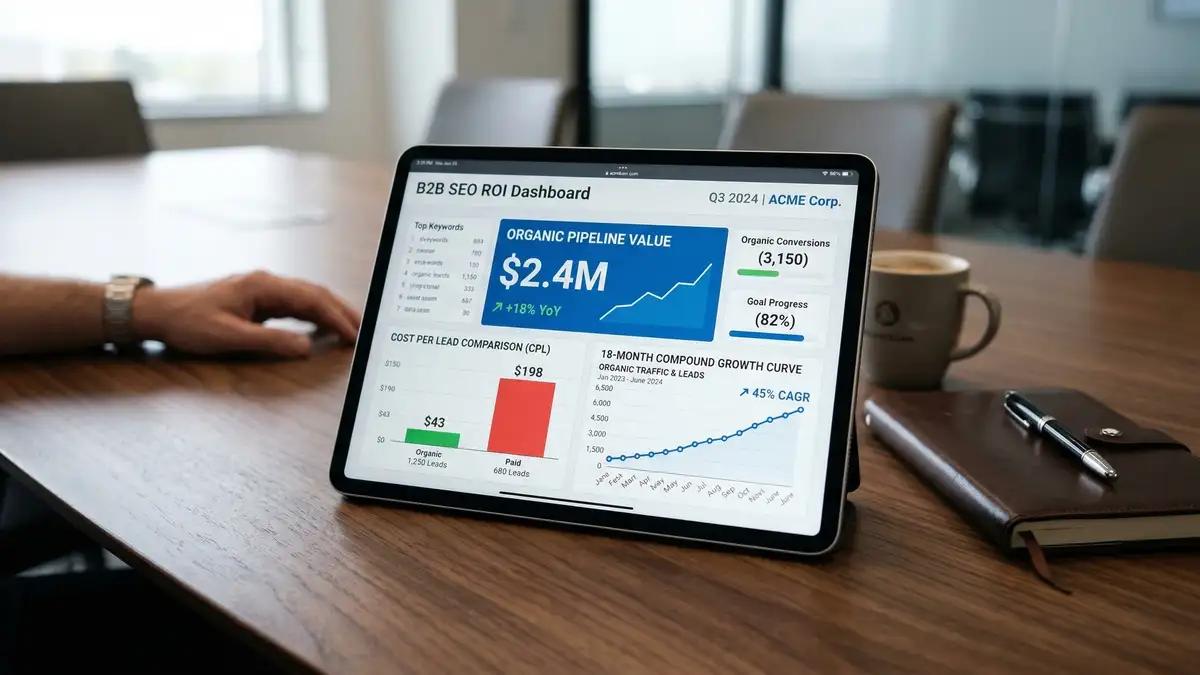 B2B content strategy planning session showing SEO content calendar and topic cluster mapping for organic search growth