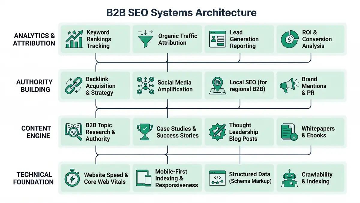 B2B SEO infographic showing content funnel stages with keyword intent mapping and conversion optimization data points