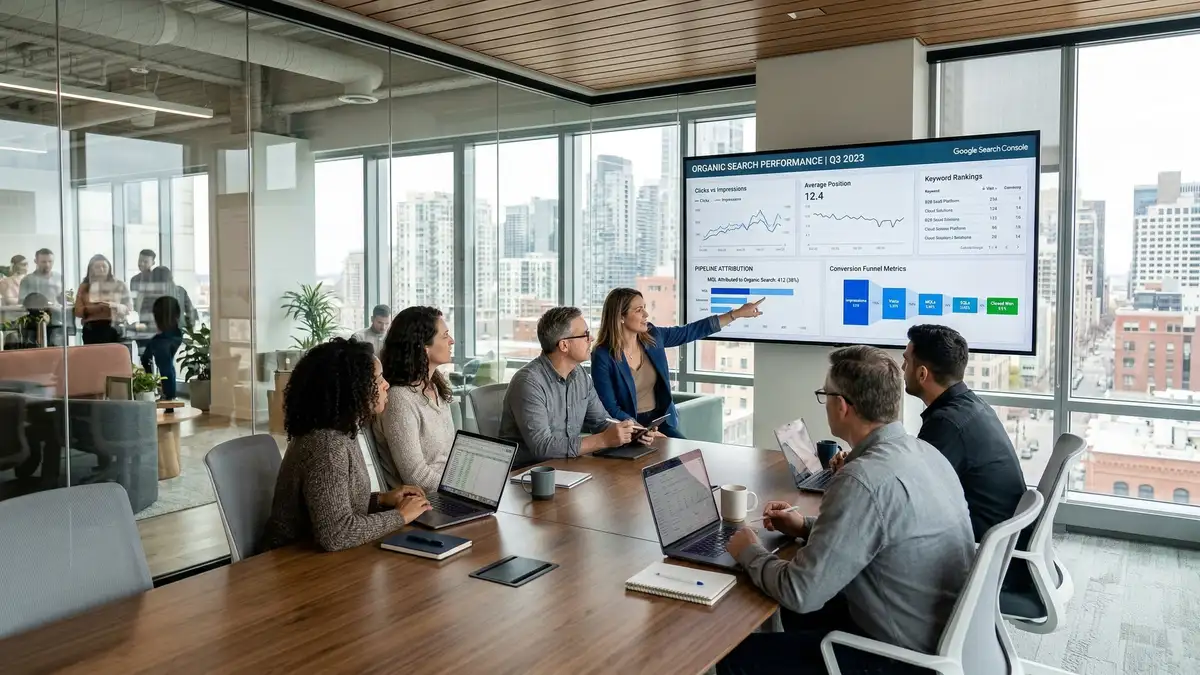 B2B marketing team analyzing SEO keyword data and buyer journey mapping on analytics screens for search optimization strategy