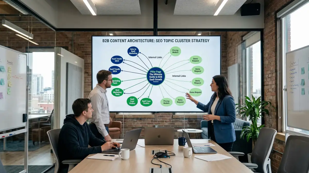 B2B SEO topic cluster architecture showing interconnected pillar pages and supporting content nodes for search optimization