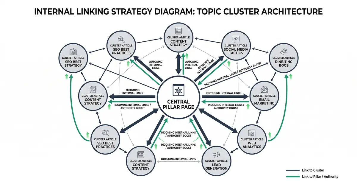 Internal linking topic cluster architecture with pillar page connected to cluster articles