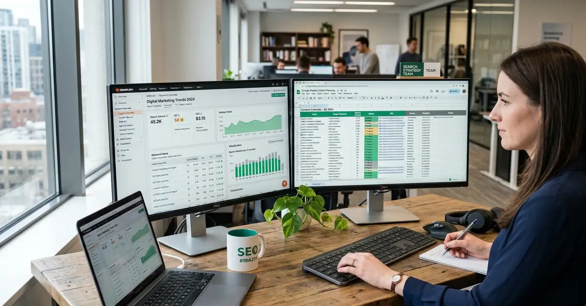 SEO keyword research workspace with search analytics tools and content planning on dual monitors