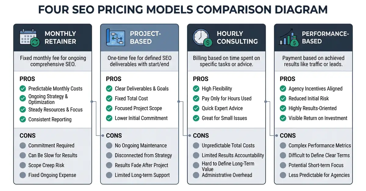 Four SEO pricing models comparison: monthly retainer, project-based, hourly, and performance-based