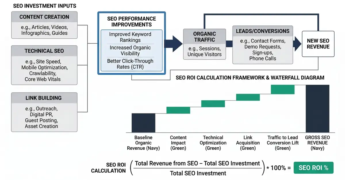 SEO ROI calculation framework showing investment inputs flowing to traffic, leads, and revenue
