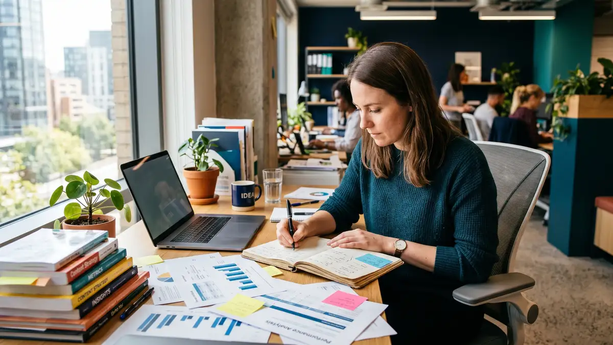 A content strategist reviewing performance reports at a sunlit desk