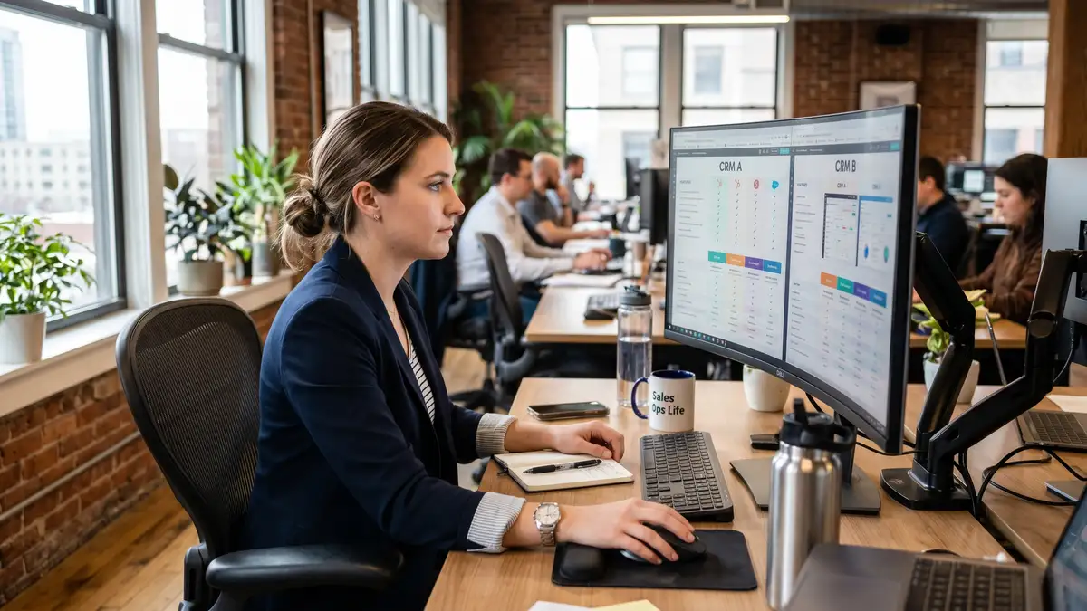 Sales operations specialist evaluating HubSpot Sales Hub vs Salesforce Sales Cloud features on a large monitor with feature checklists and pricing tier comparisons