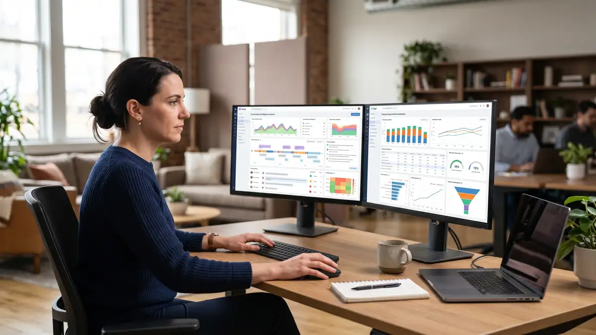 Revenue operations leader configuring conversation intelligence and forecast augmentation on dual monitors with call analytics and forecast accuracy dashboards