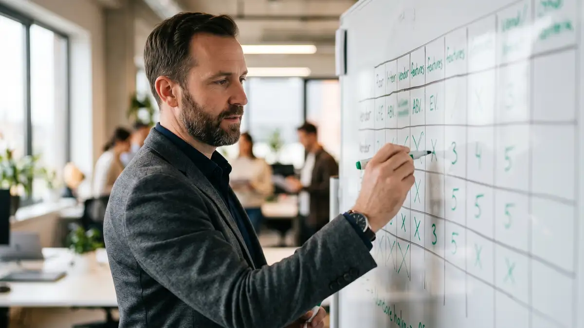 RevOps leader sketching vendor evaluation matrix on whiteboard
