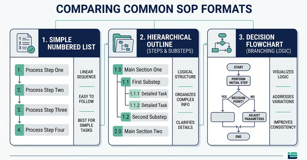 Three SOP formats compared: a numbered step list, a hierarchical steps-with-substeps outline, and a decision flowchart