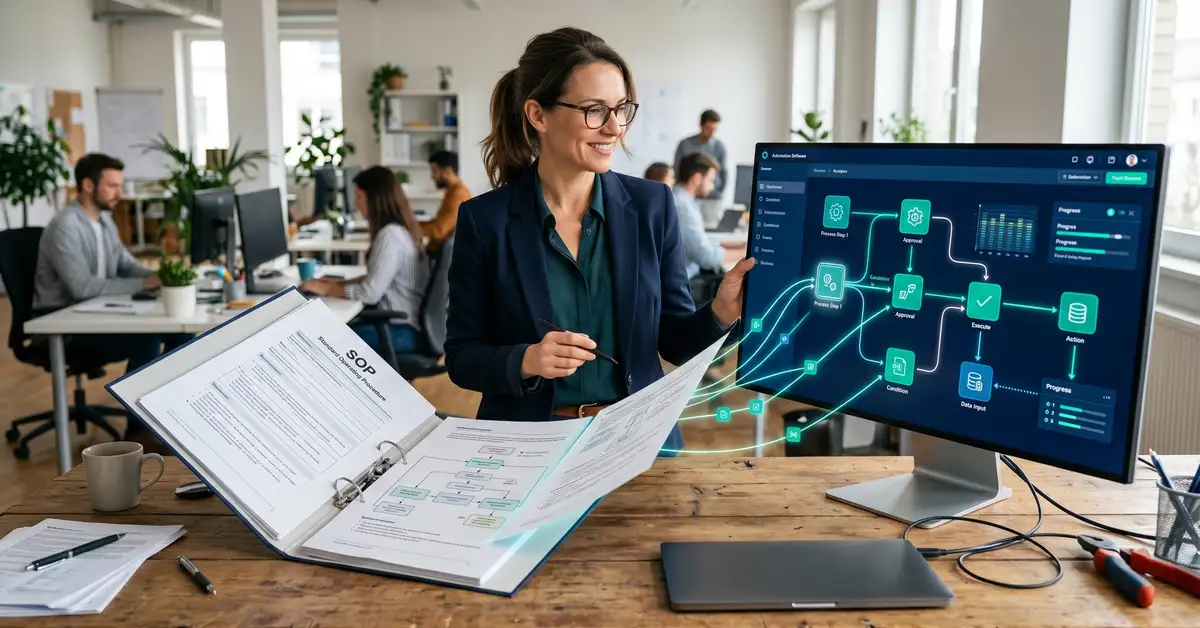 A documented SOP transforming into an automated digital workflow, showing the SOP as the blueprint for automation