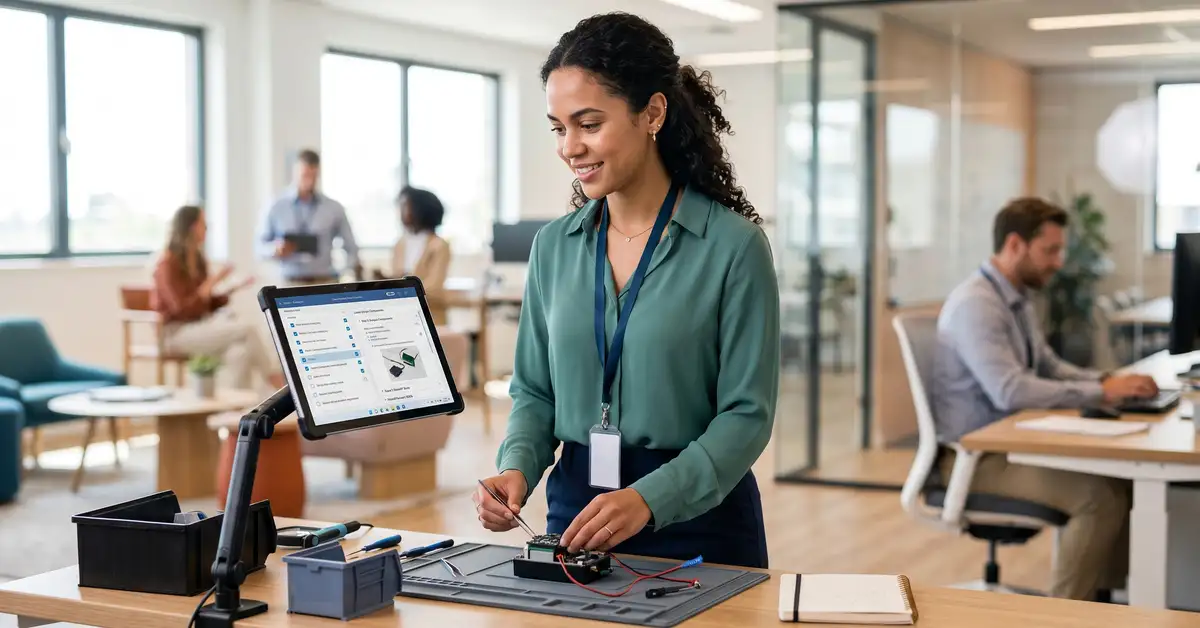A new employee following a standard operating procedure on a tablet to complete a task confidently on their first day