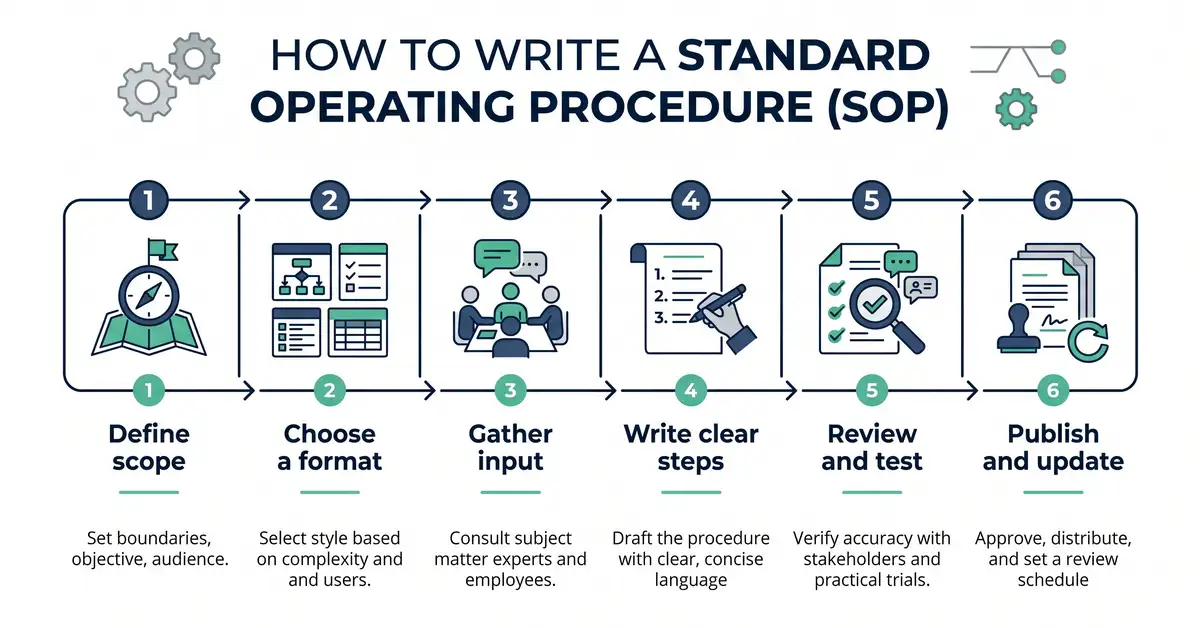 A six-step process for writing a standard operating procedure from defining scope to publishing and updating