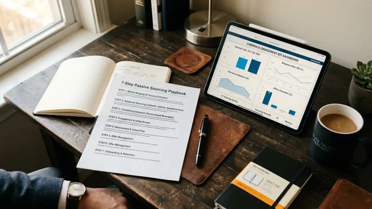 Executive search consultant reviewing passive candidate playbook with engagement channel benchmarks on tablet