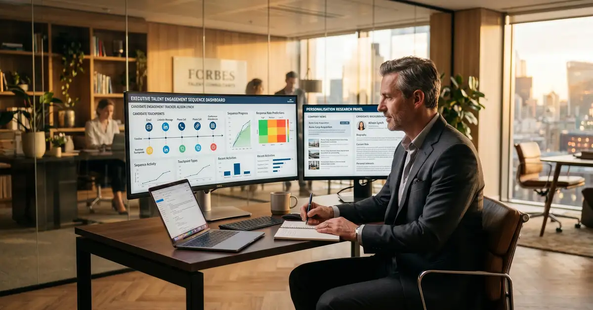 Executive search consultant engaging passive candidates with multi-channel outreach sequence dashboard in modern office