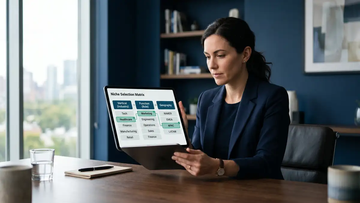 Recruitment agency founder reviewing a niche selection matrix on a tablet showing vertical industry function and geography columns with a strategic specialisation decision highlighted