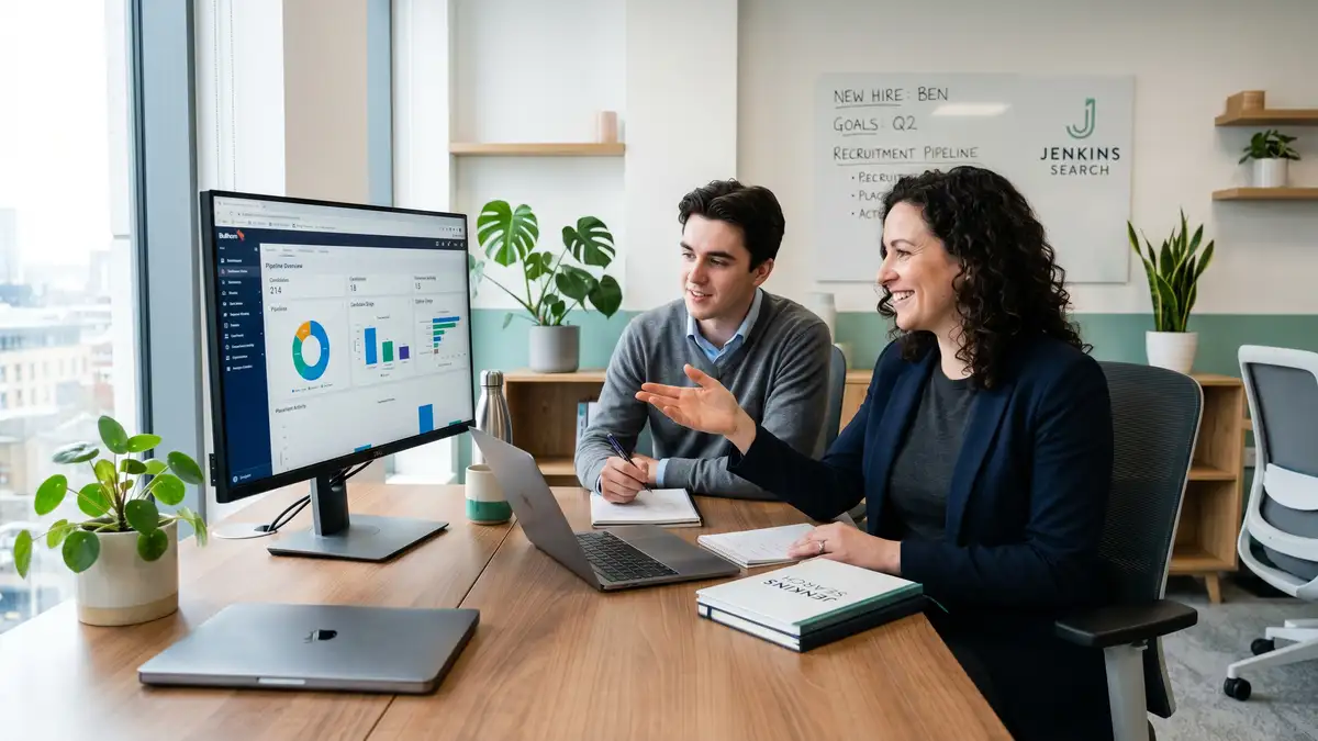 Recruitment agency founder onboarding their first hire at a two-desk shared workspace reviewing a Bullhorn ATS dashboard on a large monitor showing pipeline data