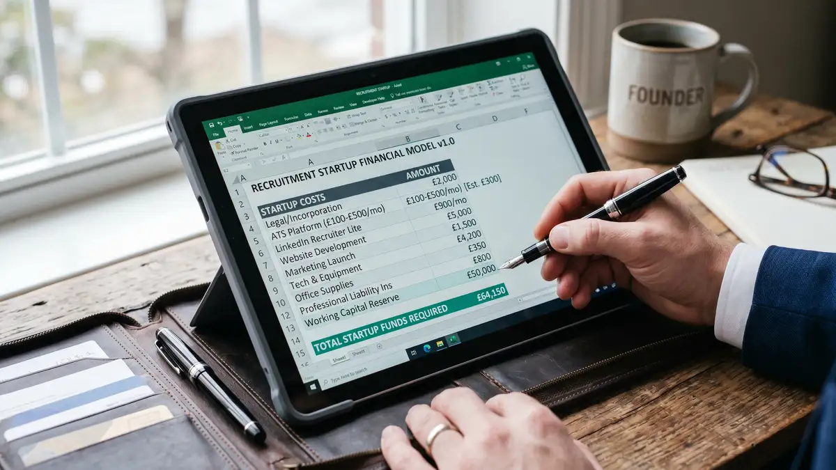 Recruitment agency startup financial model spreadsheet on a tablet showing categorised startup costs and working capital with bottom line total highlighted