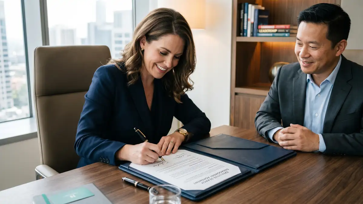 Recruitment agency founder signing the engagement letter with their first retained client on a modern executive desk with leather folio and fee schedule visible