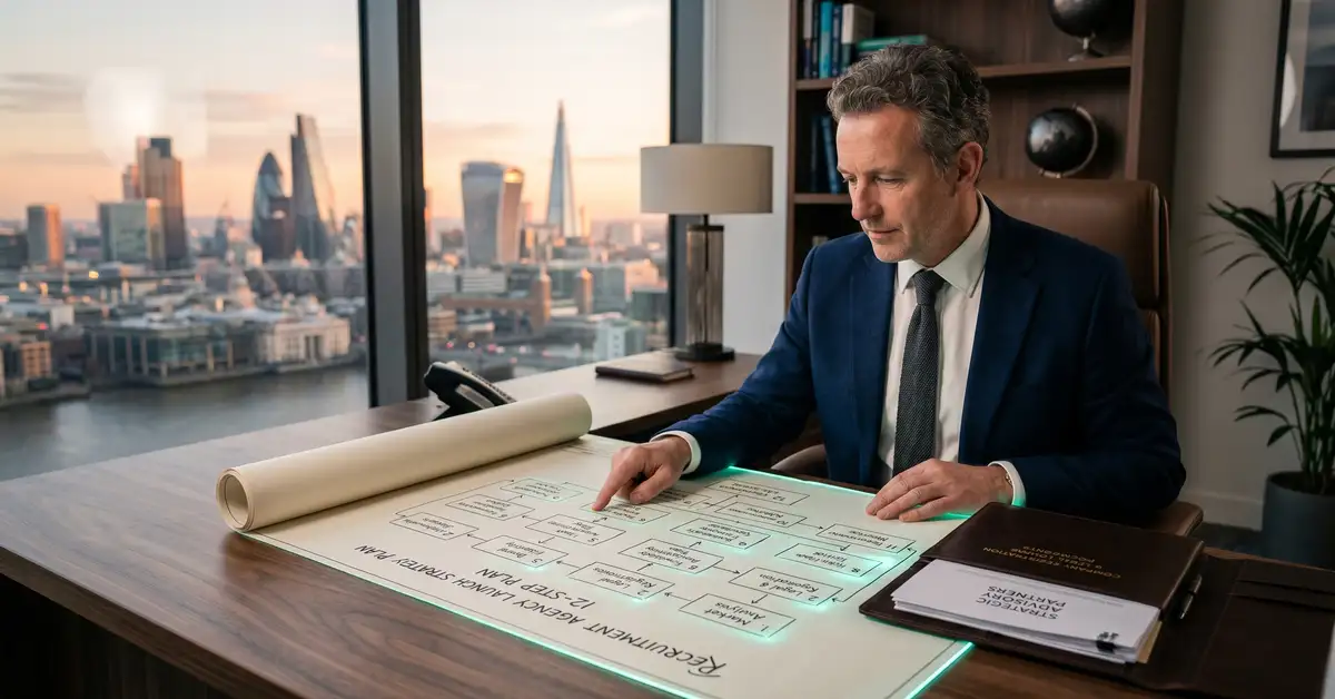 Founder at a walnut desk reviewing a 12-step business blueprint for launching a recruitment agency with company registration papers visible and financial district skyline at golden hour