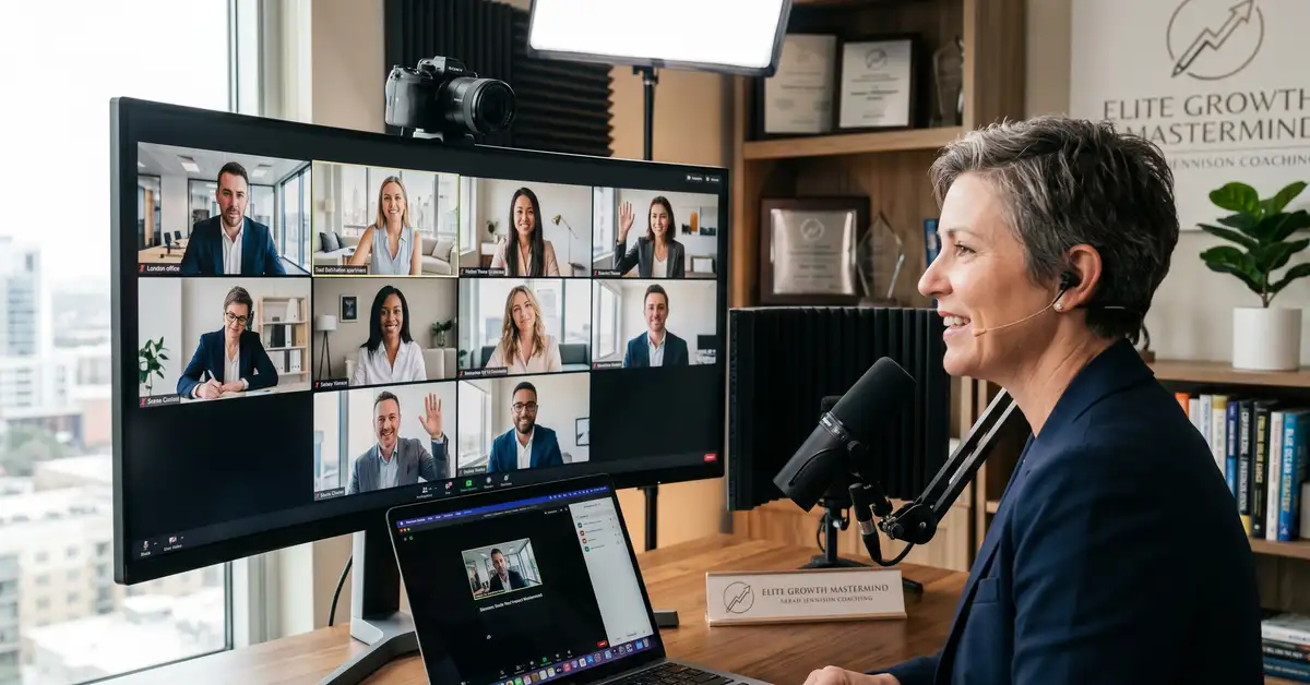 Successful coach hosting group coaching mastermind via video conference with high-ticket clients