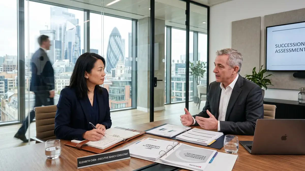 Boutique executive search consultant conducting a succession assessment interview with a senior executive candidate using Hogan reports and 360 review summaries
