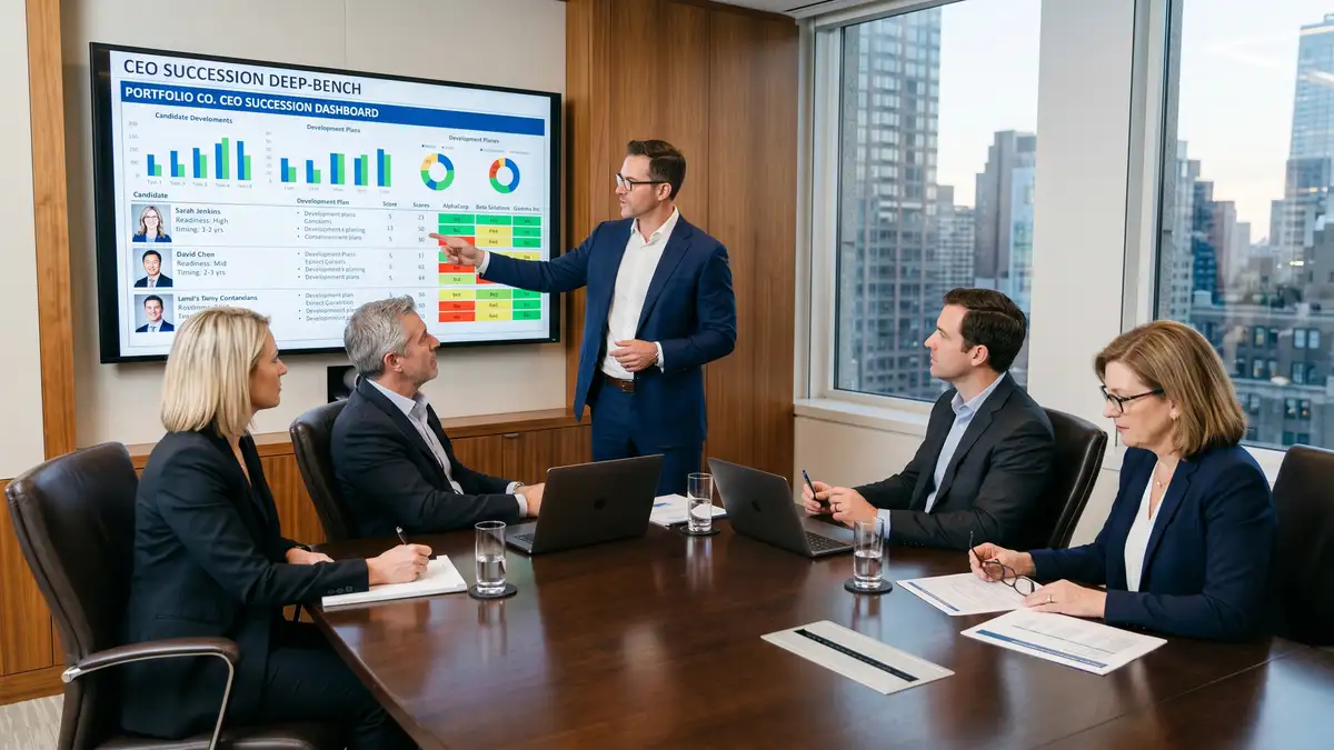 Private equity portfolio company board meeting where the executive search firm partner is presenting a CEO succession deep-bench across multiple portfolio companies