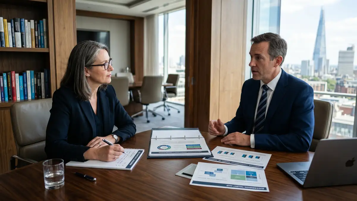 Succession planning specialist conducting a structured behavioural interview with a CEO succession candidate using leadership assessment reports