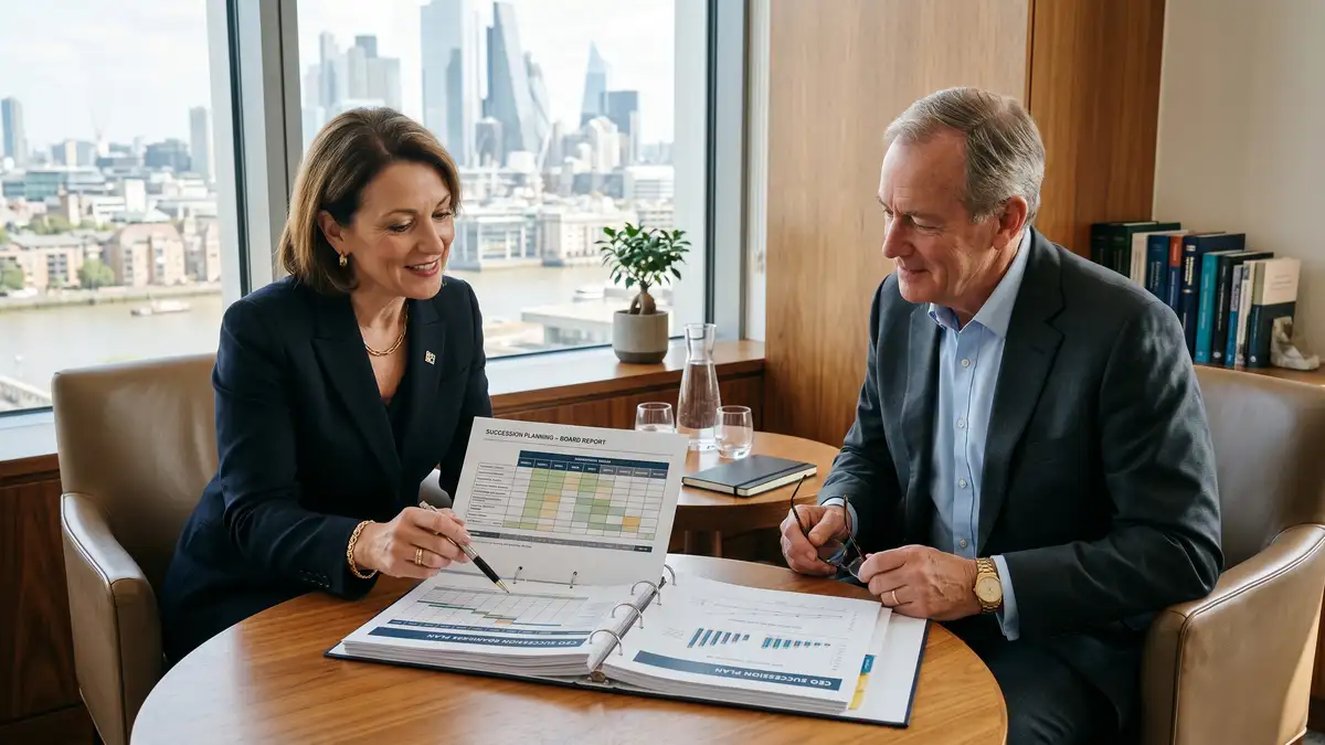 Boutique executive search firm Managing Director in a strategic consultation with a board chair discussing CEO succession readiness in a London office