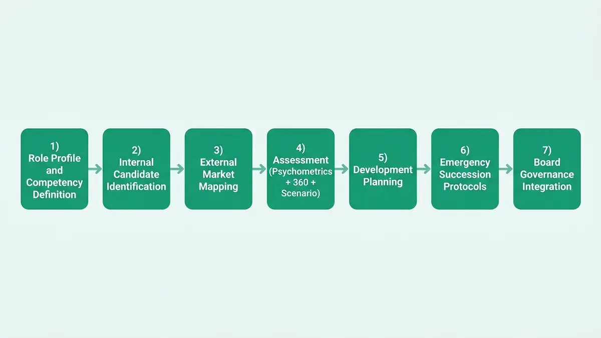 Infographic showing the 7-pillar succession planning service model as horizontal flow from role profile and competency definition through to board governance integration