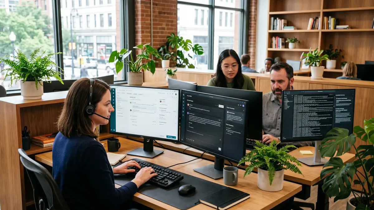 SaaS support team augmented by AI co-pilot reviewing escalation cases