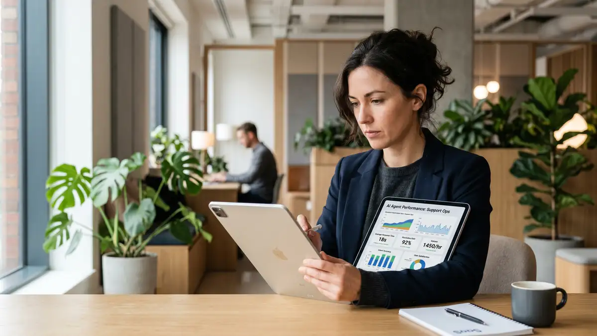 SaaS support operations manager analyzing AI agent performance metrics on a tablet