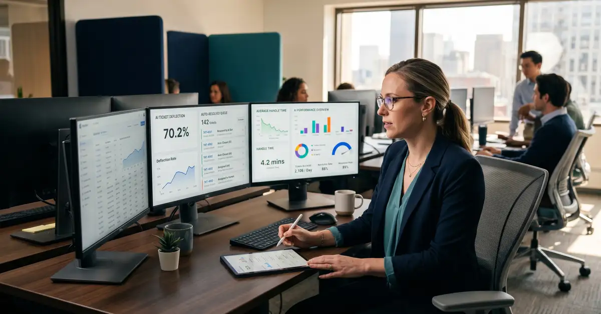 B2B SaaS customer support operations leader reviewing AI deflection dashboards