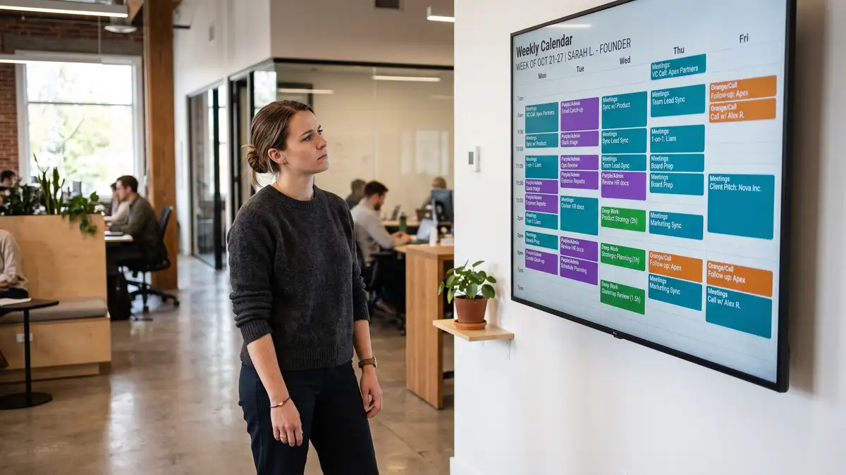 Founder reviewing a weekly calendar packed with admin blocks and only a few green strategic deep-work blocks during a time audit